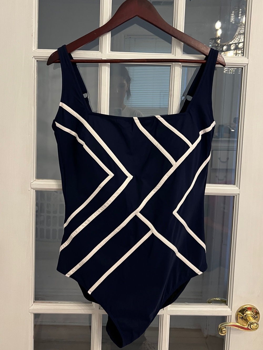 GOTTEX Women’s Navy Blue White Piping Geometric One Piece Swimsuit Size 18